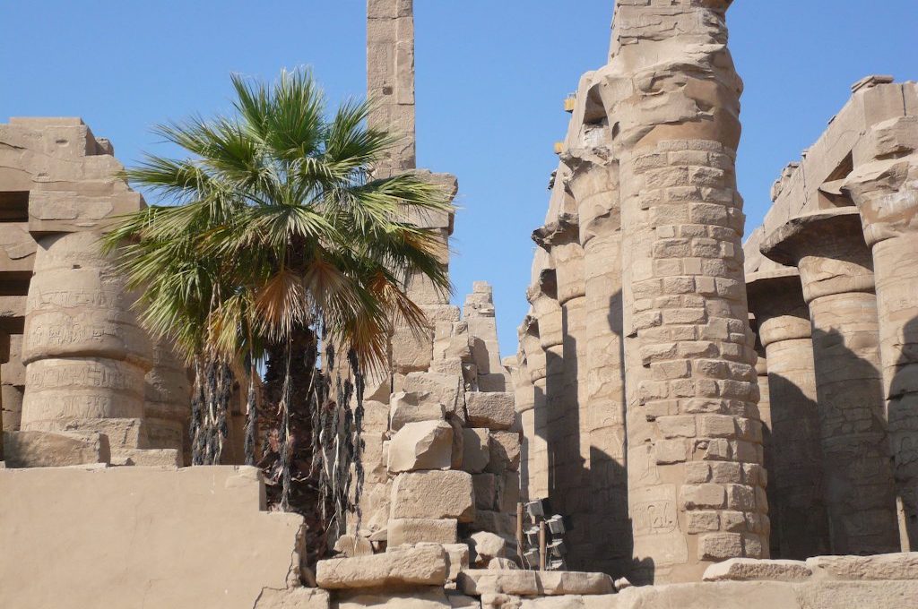 Mächtige Säulen und Palme im Karnak-Tempel von Luxor